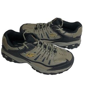 Skechers After Burn Leather Synthetic Memory Foam Tan Black Athletic Shoes 9